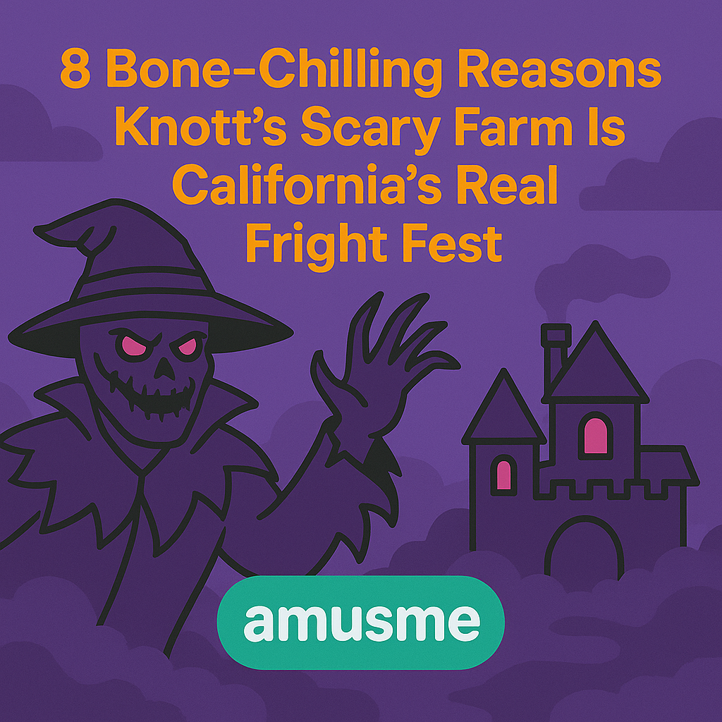 Cartoon zombie and haunted castle promoting Knott’s Scary Farm Halloween event in Amusme style.